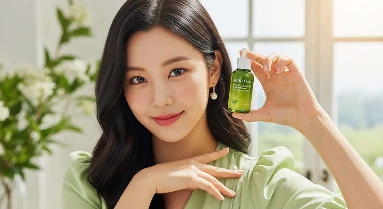 모델 장원영이 이니스프리 레티놀 그린티 PDRN 스킨부스터 앰플을 들고 있는 이미지